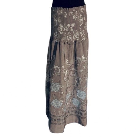 Designer Tyler Boe Taupe Tan Brown Light Blue Floral Skirt Boho Cottagecore Med - Picture 2 of 8